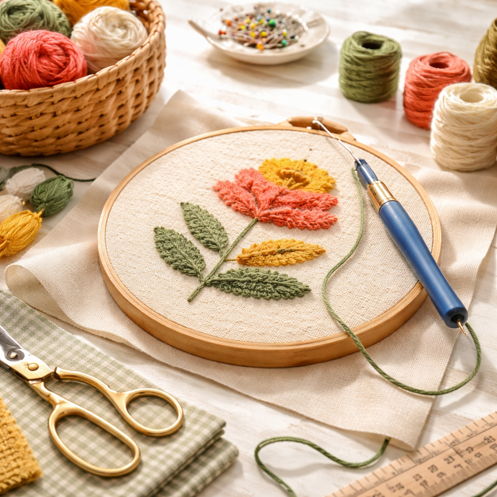 A photorealistic close‑up of a beginner’s punch needle setup on a wooden table, showing a wooden hoop, a piece of cotton fabric, a skein of colourful cotton floss, a size‑5 embroidery needle, and small scissors neatly arranged. Alt: Punch needle embroidery supplies for beginners.