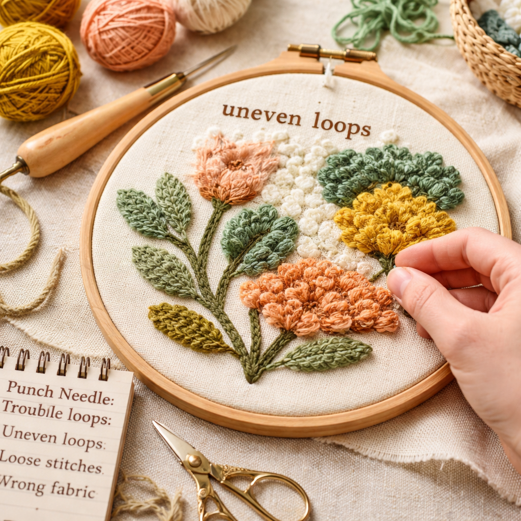A photorealistic close‑up of a beginner’s punch needle setup on a kitchen table, showing a chunky punch needle, a piece of Monk’s Cloth stretched in a non‑slip hoop, a skein of bulky yarn, and a pair of sharp scissors, warm natural light streaming in, realistic style. Alt: punch needle embroidery for beginners supplies laid out.