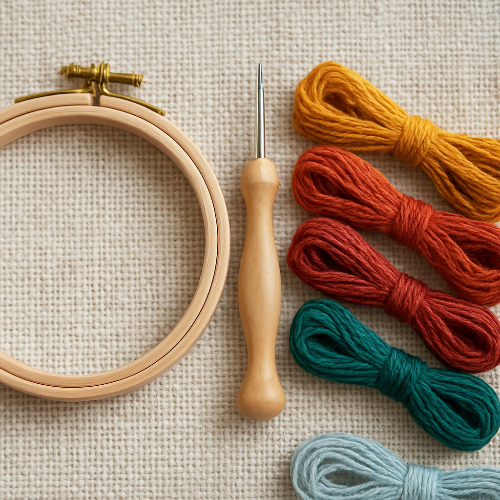 A close-up of punch needle embroidery tools and fabric, showing colorful floss and a hoop. Alt: punch needle embroidery materials for beginners.