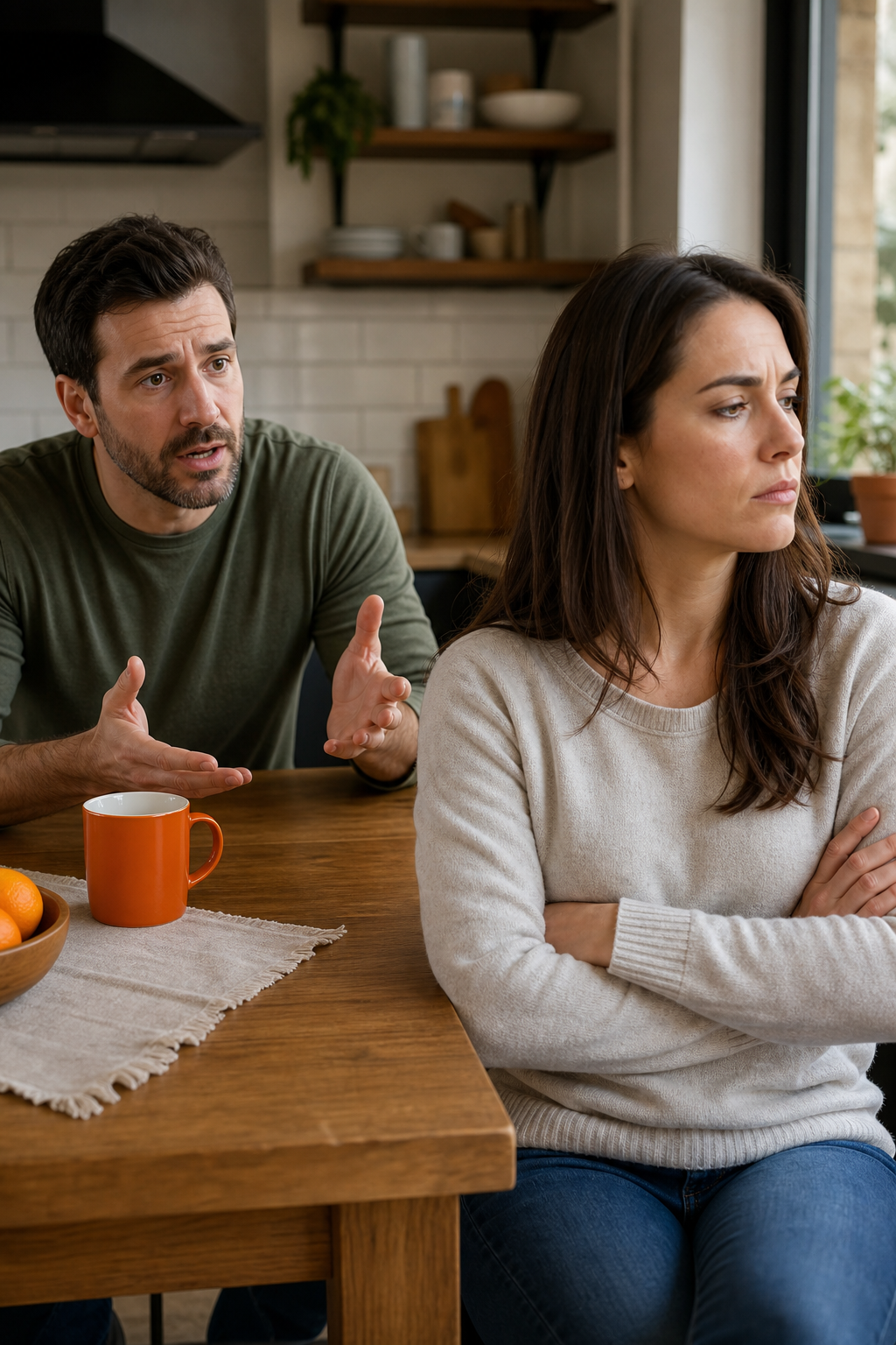 A photorealistic image of a couple sitting at a kitchen table, one leaning forward with an open, pleading expression, the other leaning back with arms crossed, looking away, tension visible in their body language. Alt: couple in pursuer-distancer dynamic