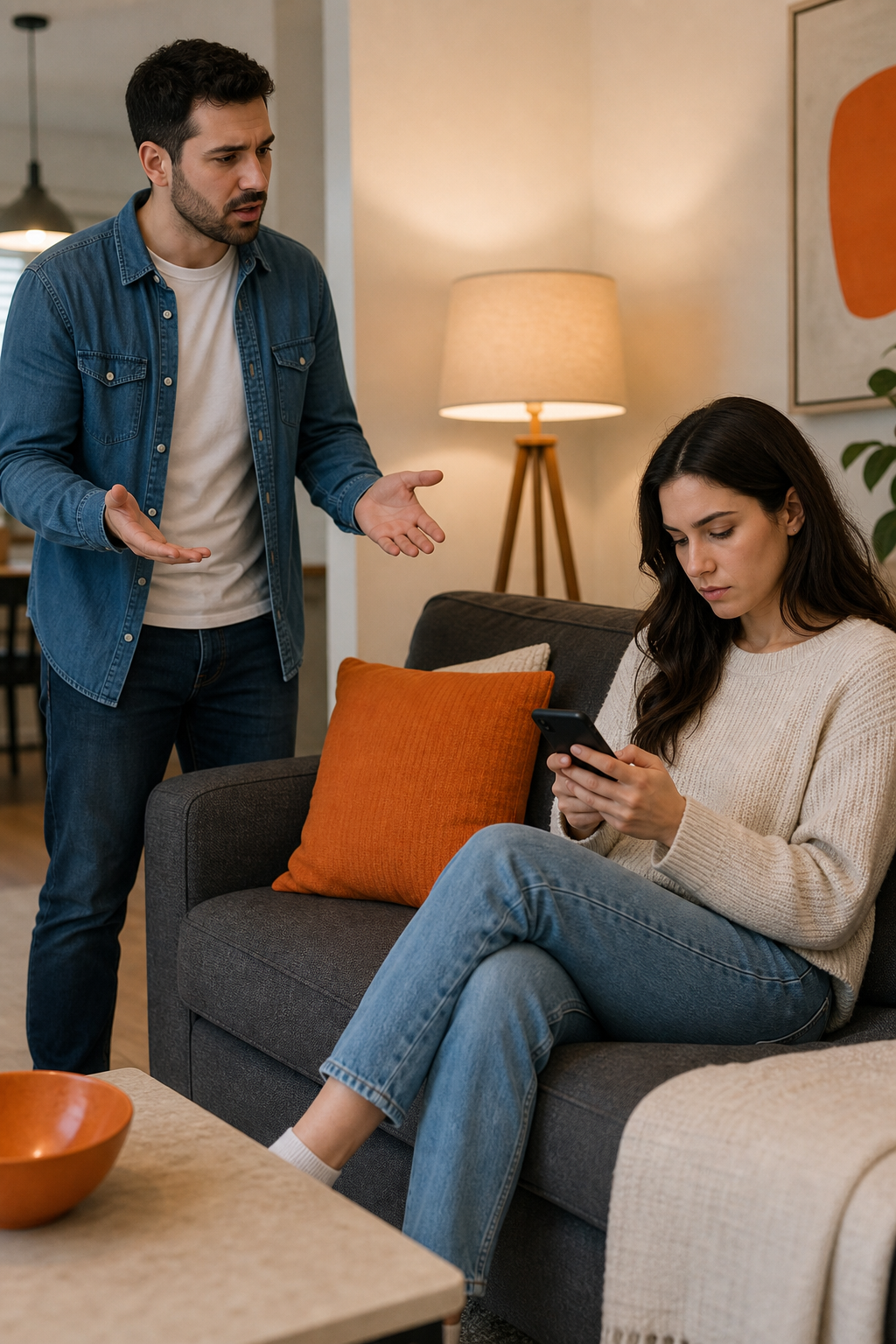 A photorealistic image of a couple in a living room, one person standing with hands out in a gesture of asking, the other sitting on the sofa looking at their phone, creating a distance between them. Alt: pursuer distancer cycle in everyday life