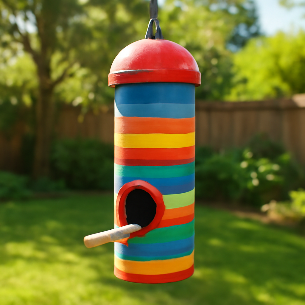 A hand‑painted PVC bird feeder with bright stripes and a small wooden perch, set against a sunny backyard background. Alt: colorful PVC bird feeder with decorative paint.