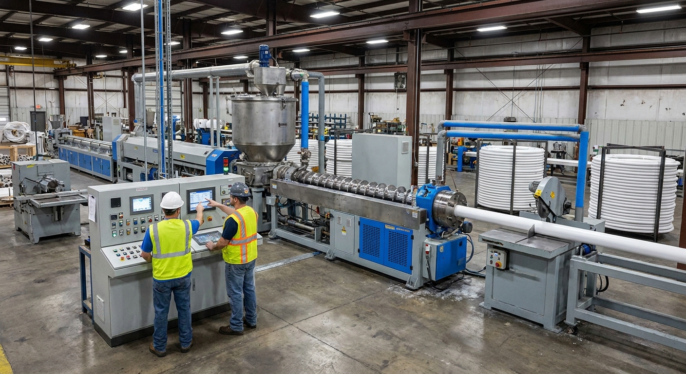 A realistic photo of a large PVC extrusion line with melt tank, screw, die head and cutting station, showing workers monitoring the control panel on the factory floor. Alt: PVC pipe extrusion line in operation