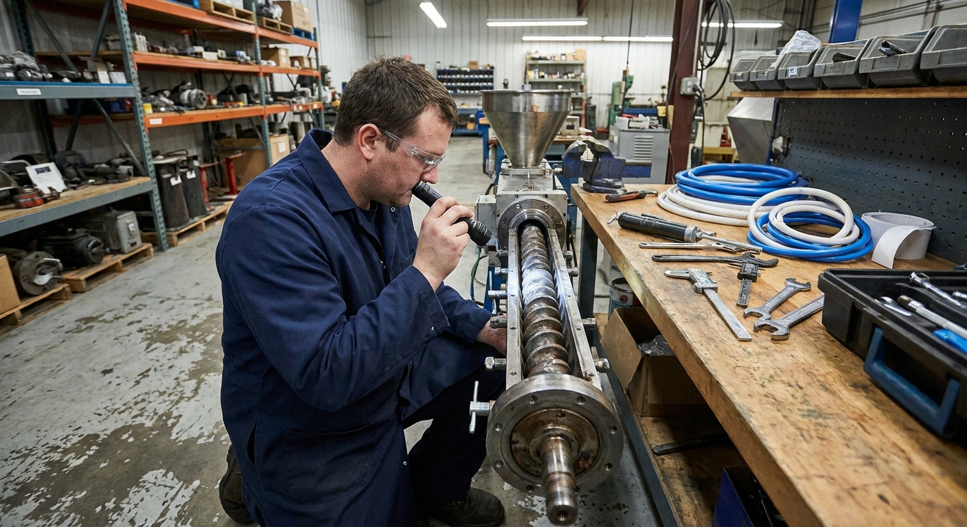 A realistic workshop scene showing a technician inspecting a PVC extrusion machine’s barrel and screw, with tools and spare parts on a workbench. Alt: Maintenance of PVC pipe extrusion line
