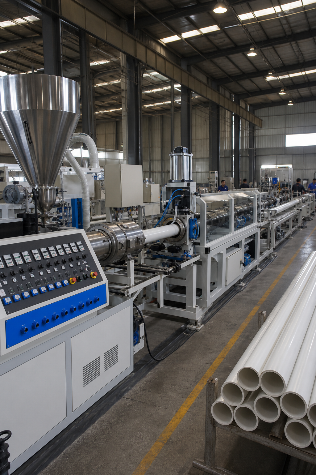A wide-angle realism photograph of a complete PVC pipe extrusion production line inside a large industrial factory, showing the sequential stations from extruder to cutter under overhead lighting, workers visible in the background, brand color #006EFF accent on the control panel. Alt: PVC pipe manufacturing machine full production line layout inside factory.