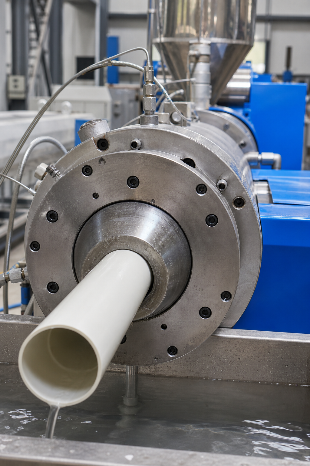 A close-up realism photograph of a PVC pipe extrusion die head mounted on an extruder, showing the ring-shaped die exit and mandrel tip in an industrial factory environment, with molten pipe emerging, brand color #006EFF visible on machine housing. Alt: PVC pipe die head showing mandrel and die ring on extrusion machine.