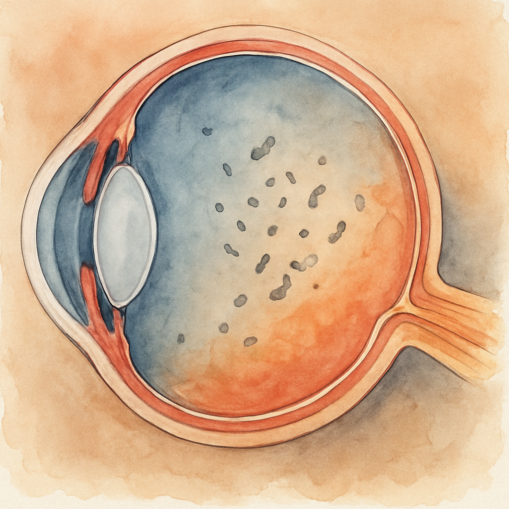 A close‑up illustration of the eye showing the vitreous gel separating from the retina, with floating particles representing floaters. Alt: Posterior vitreous detachment illustration showing vitreous gel and retina.