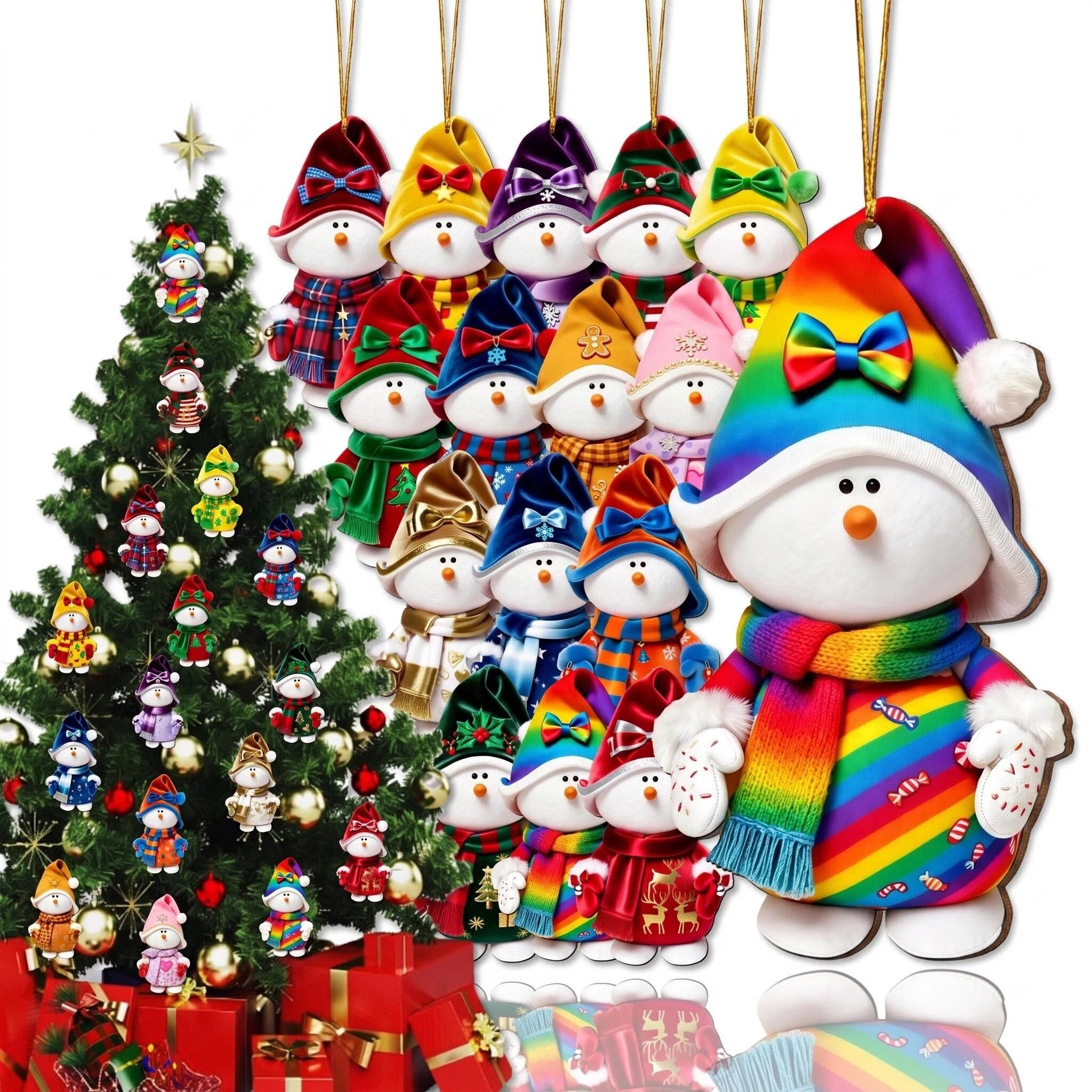 AdornJoy Vibrant Snowman with colorful hats and scarves wooden ornaments