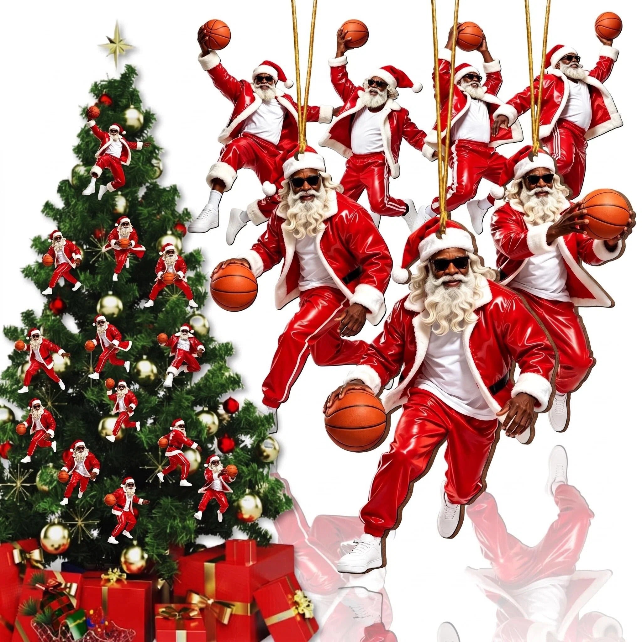 AdornJoy Basketball Santa holding basketballs wooden ornaments