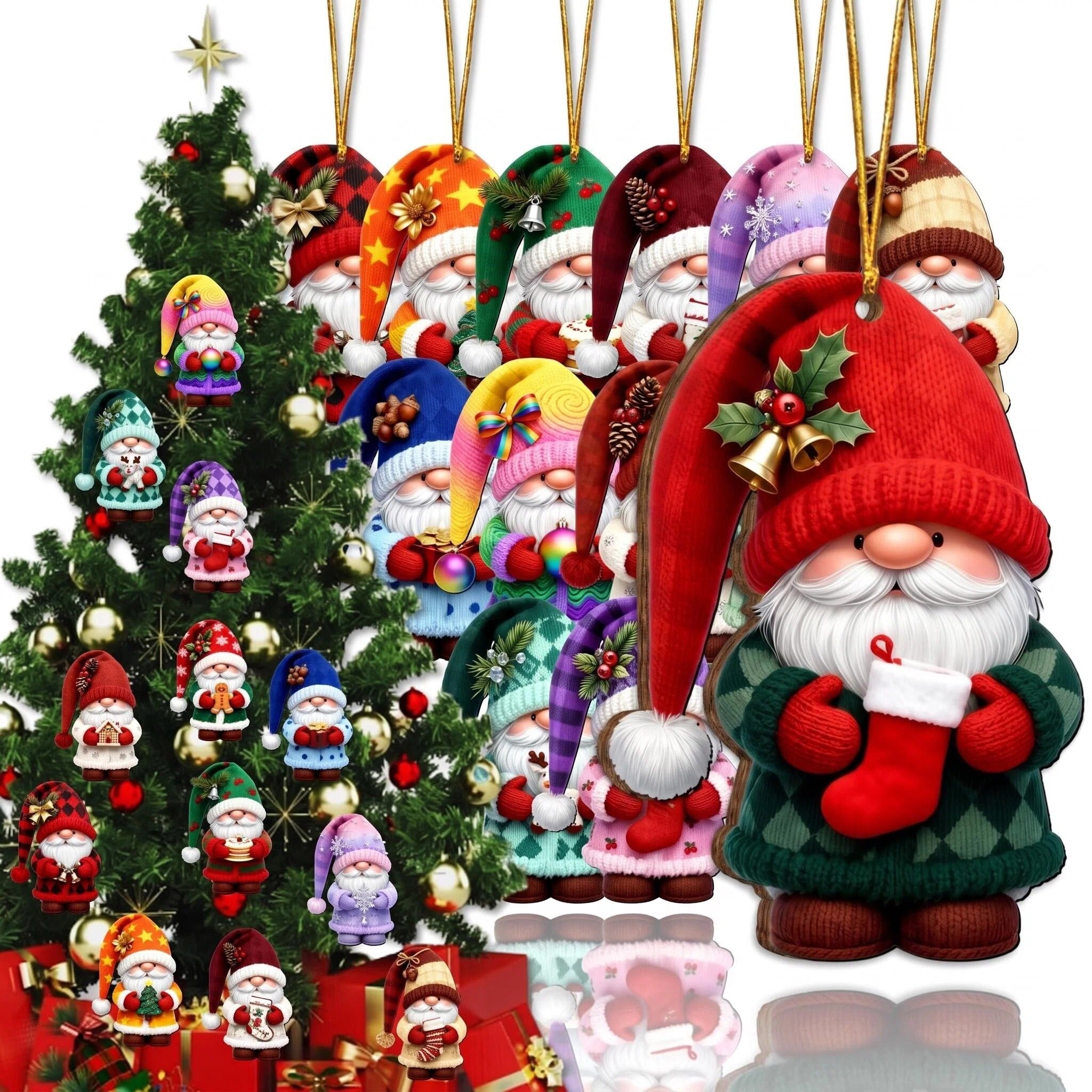 AdornJoy Rustic Santa Gnome with tall hats wooden ornaments