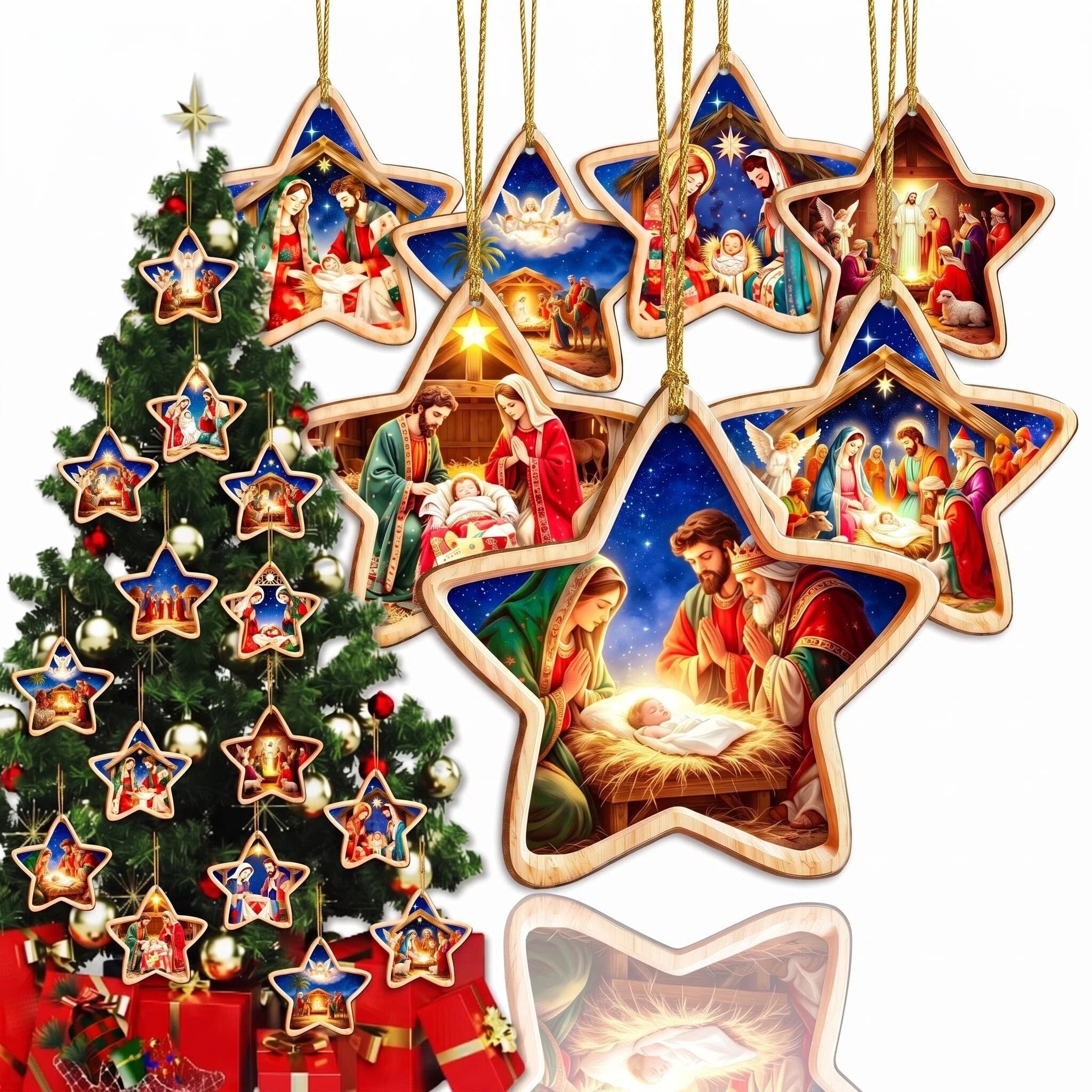 AdornJoy Nativity Star with Holy Family scenes wooden ornaments