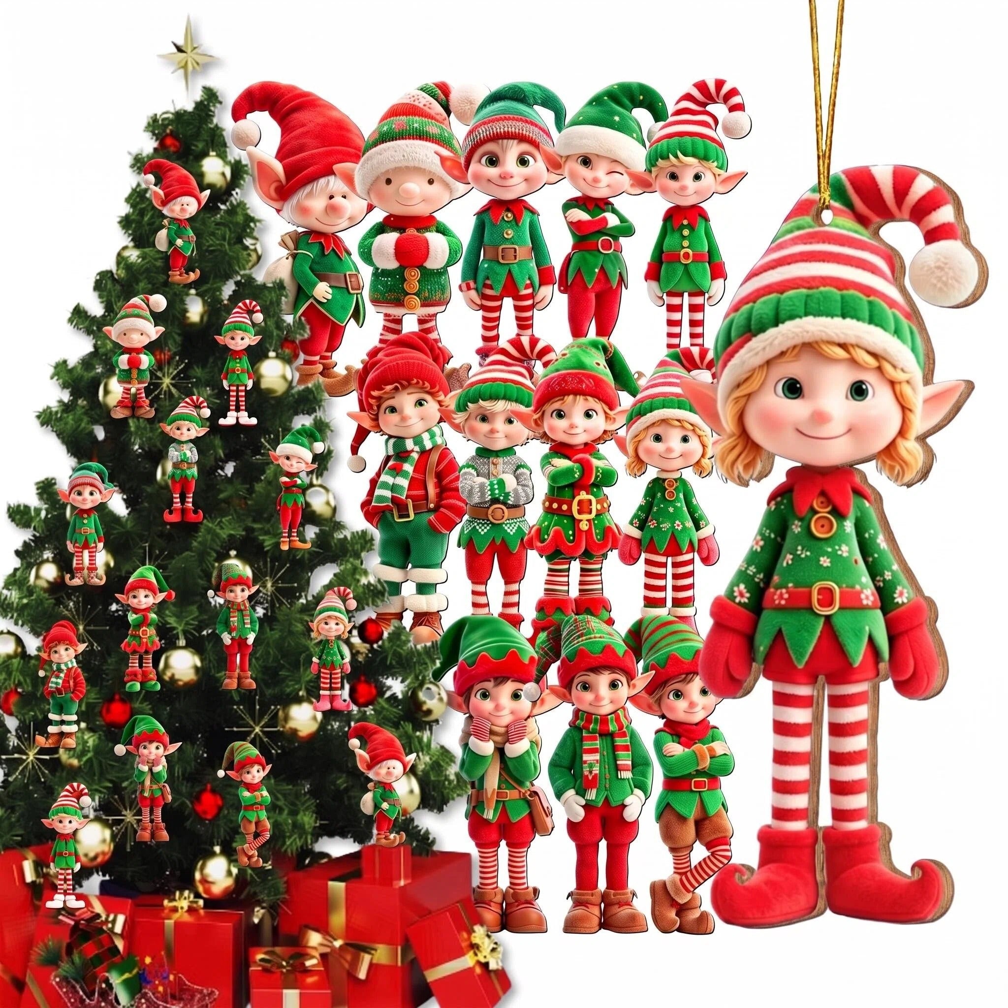AdornJoy Vibrant Elf in green outfits wooden ornaments