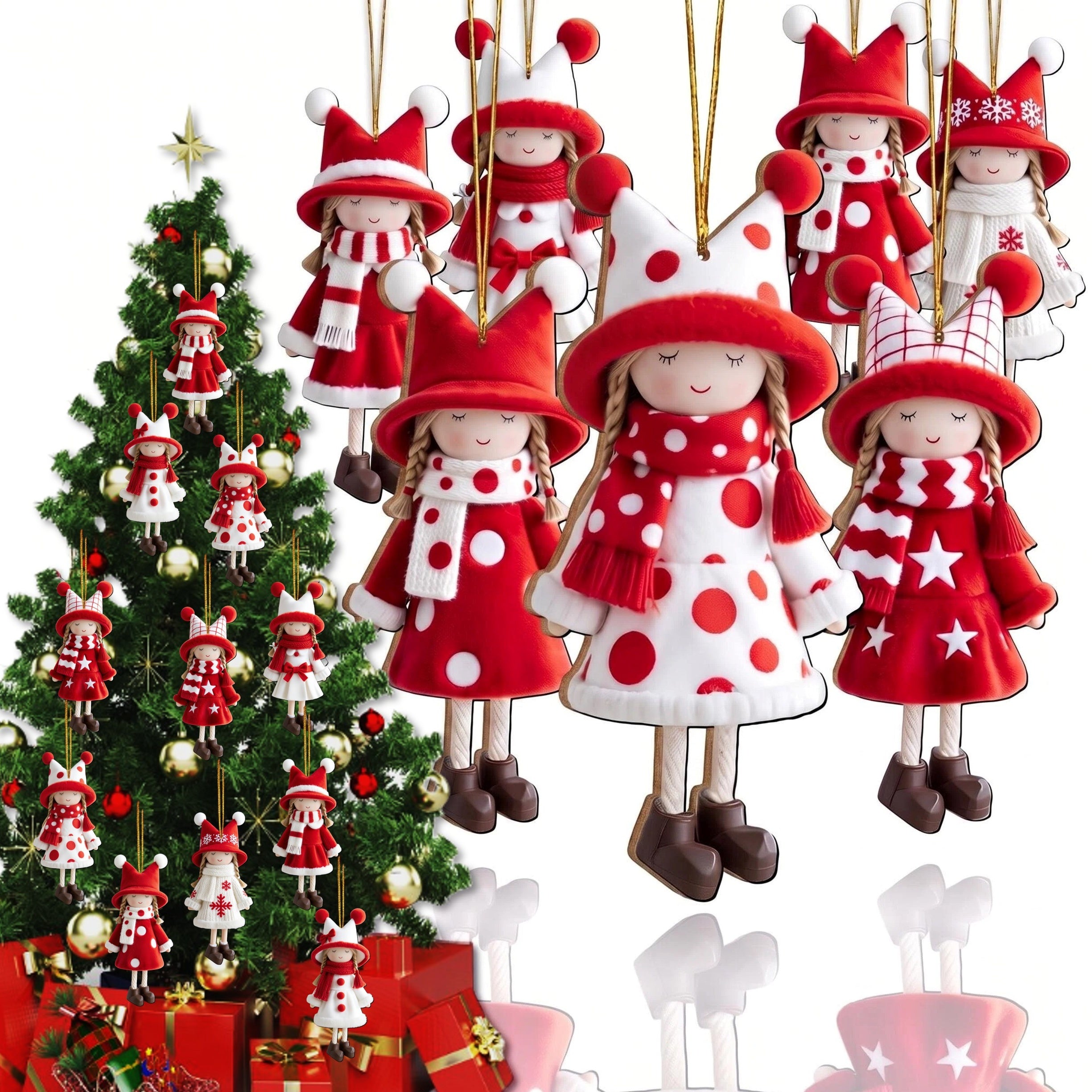 AdornJoy Classic Girl in red and white outfits wooden ornaments