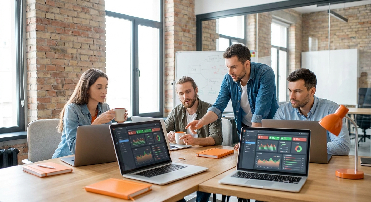 A realistic illustration of developers reviewing automated test dashboards on laptops in a modern office, alt: QA automation services workflow