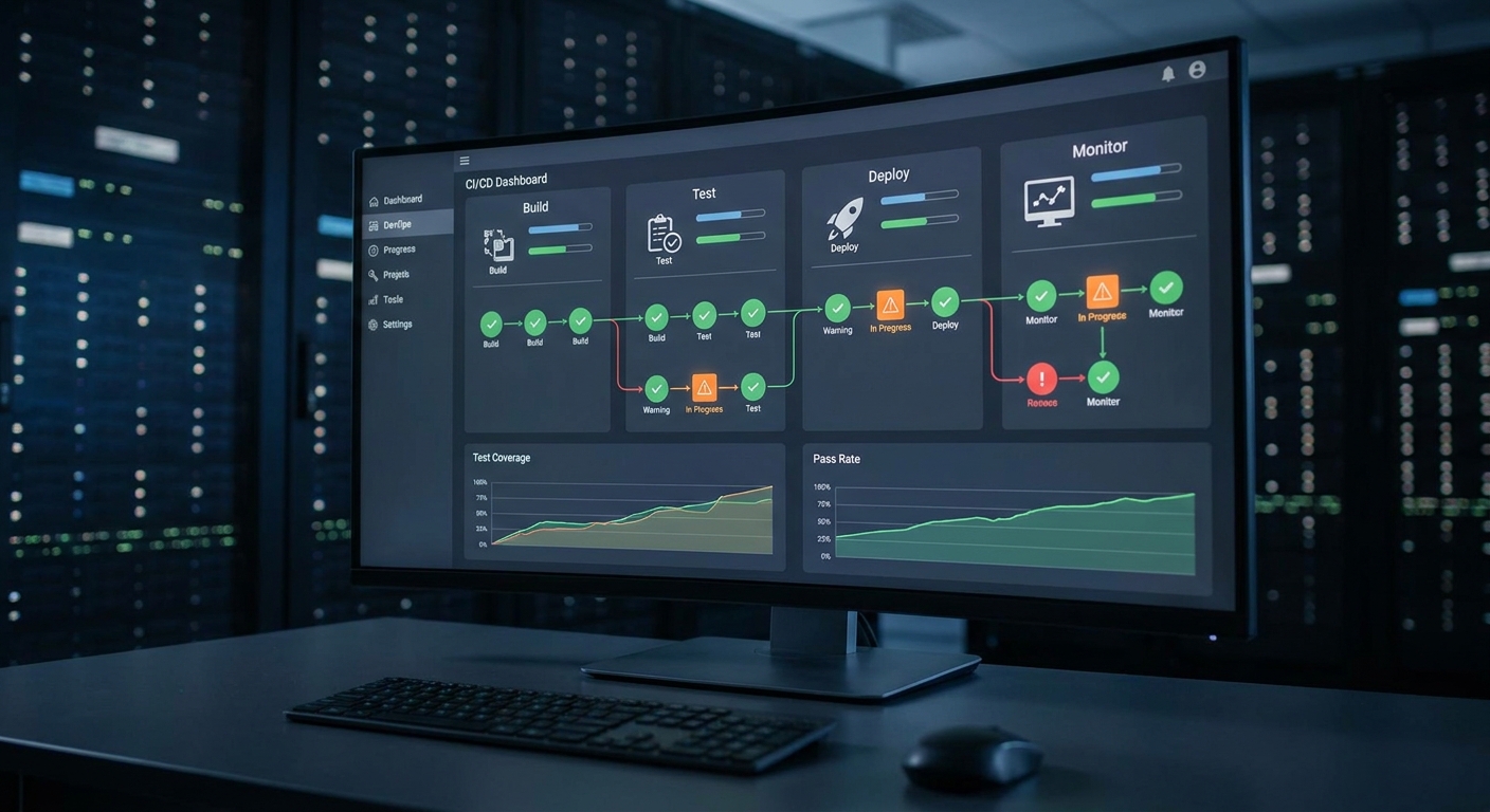 A photorealistic scene of a DevOps dashboard showing automated test results flowing through a CI/CD pipeline, alt: CI/CD integration for QA automation