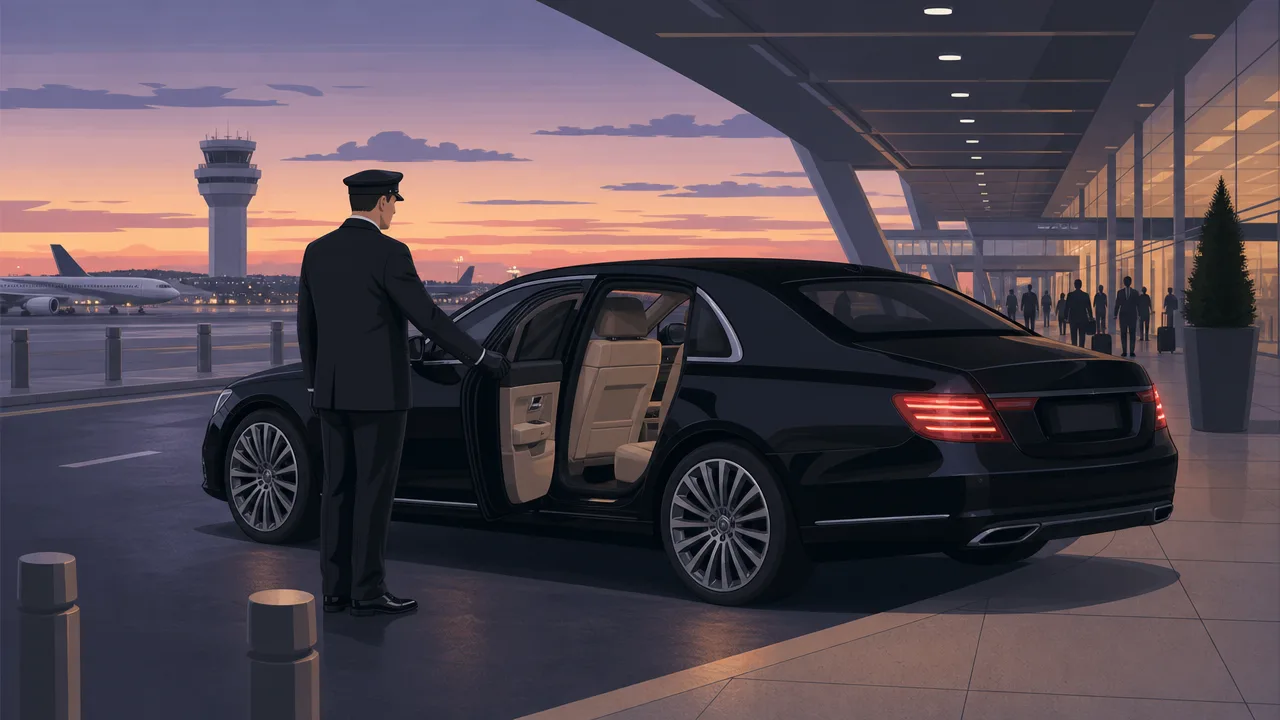 Illustration of a chauffeur holding the door of a black sedan at an airport curb