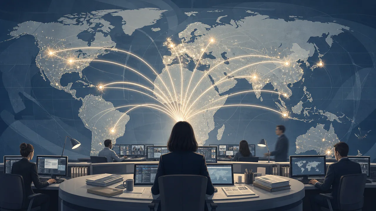 Illustration of a global newswire connecting cities to a newsroom desk