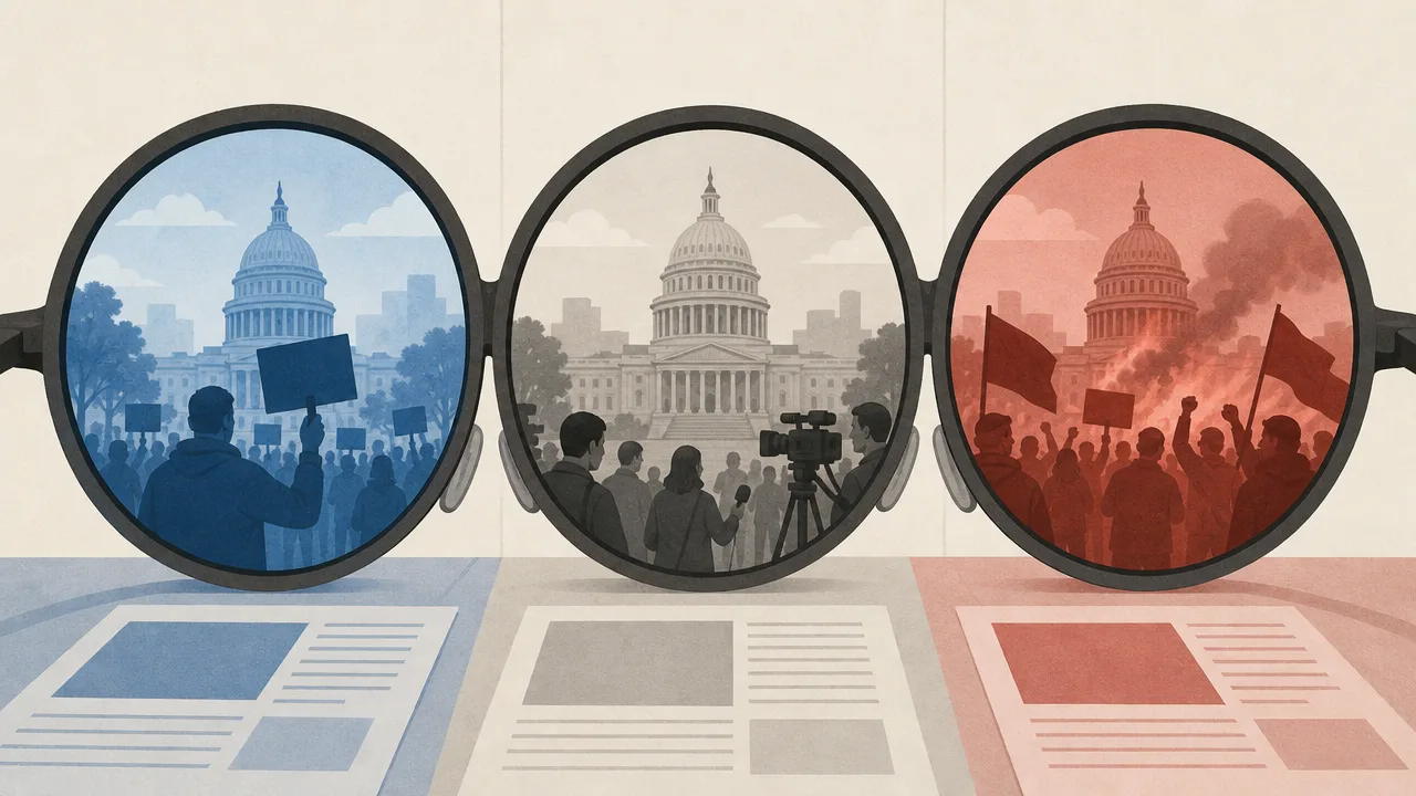 Illustration of one news story compared through three tinted lenses