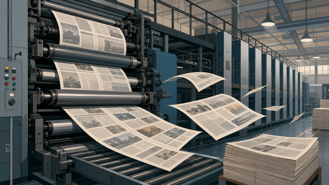 Illustration of a newspaper printing press in a press hall