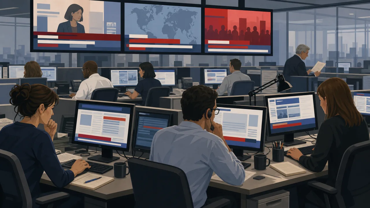 Illustration of news agency reporters at a wire desk