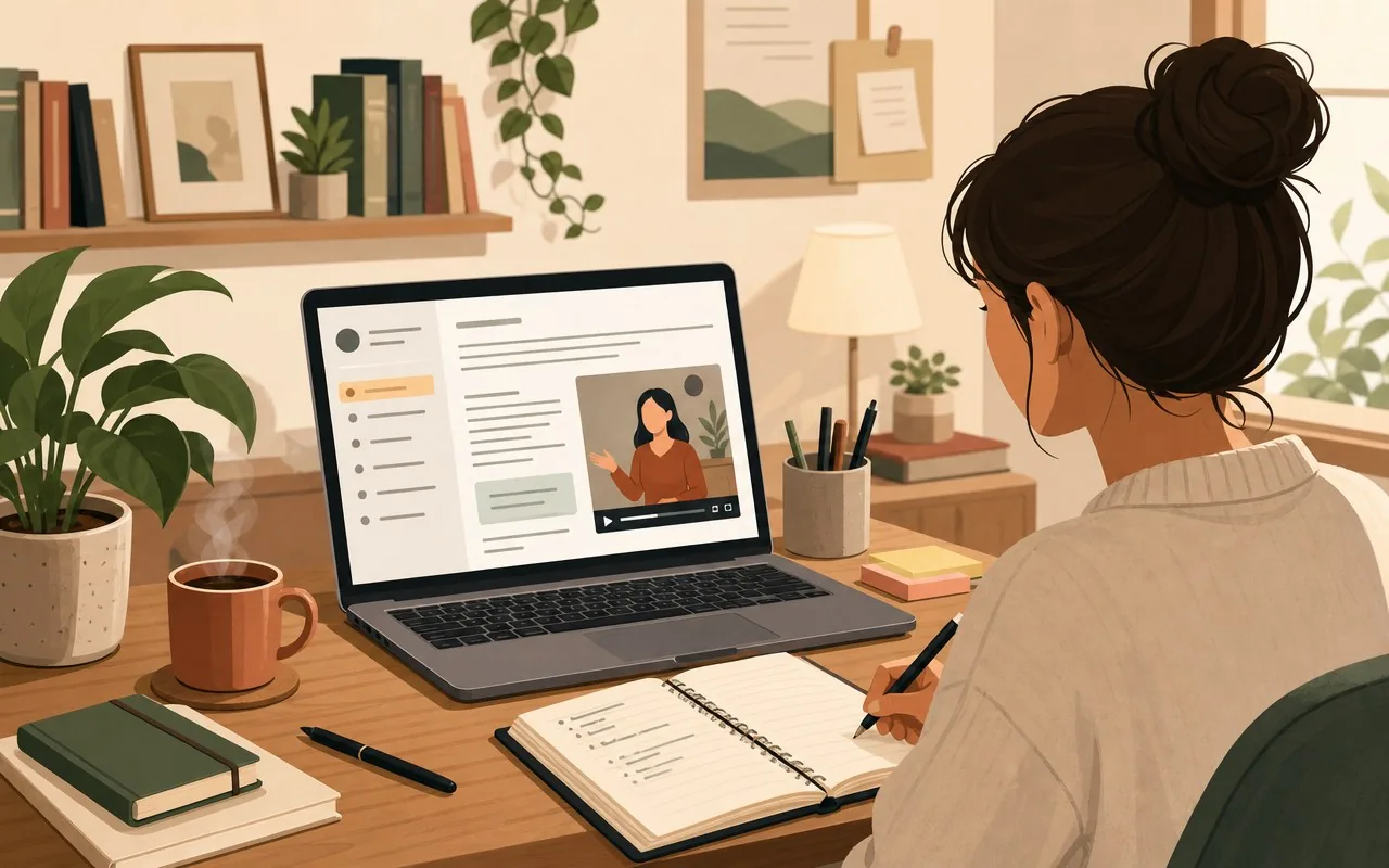 Illustration of a self-paced freelance writing course workspace