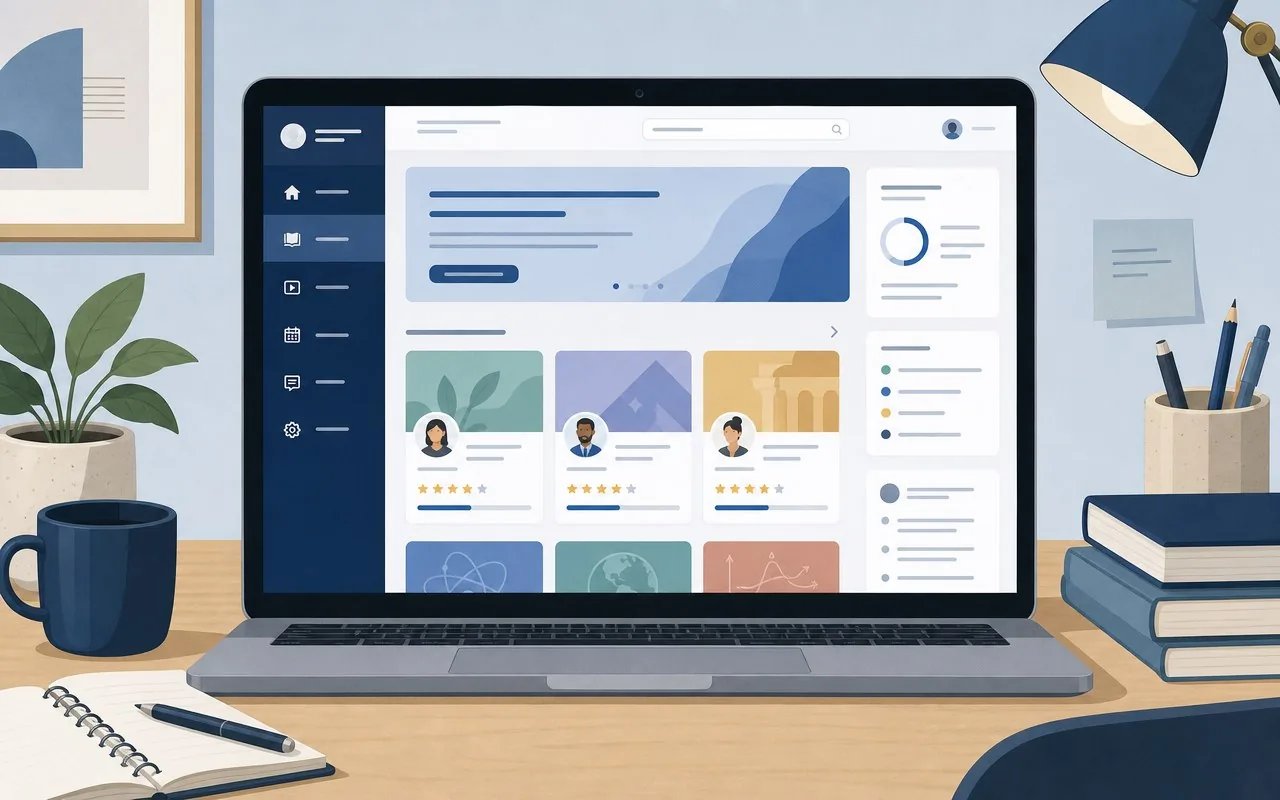 Illustration of a university-style online writing course platform