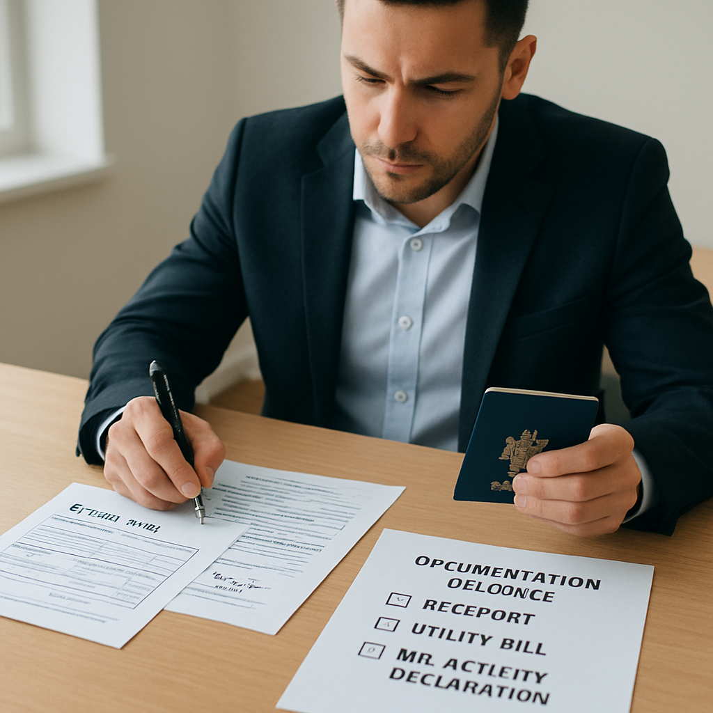 A focused entrepreneur at a desk reviewing passport, utility bill, and a signed nil‑activity declaration. Alt: Documentation checklist for UAE free zone person qualification.
