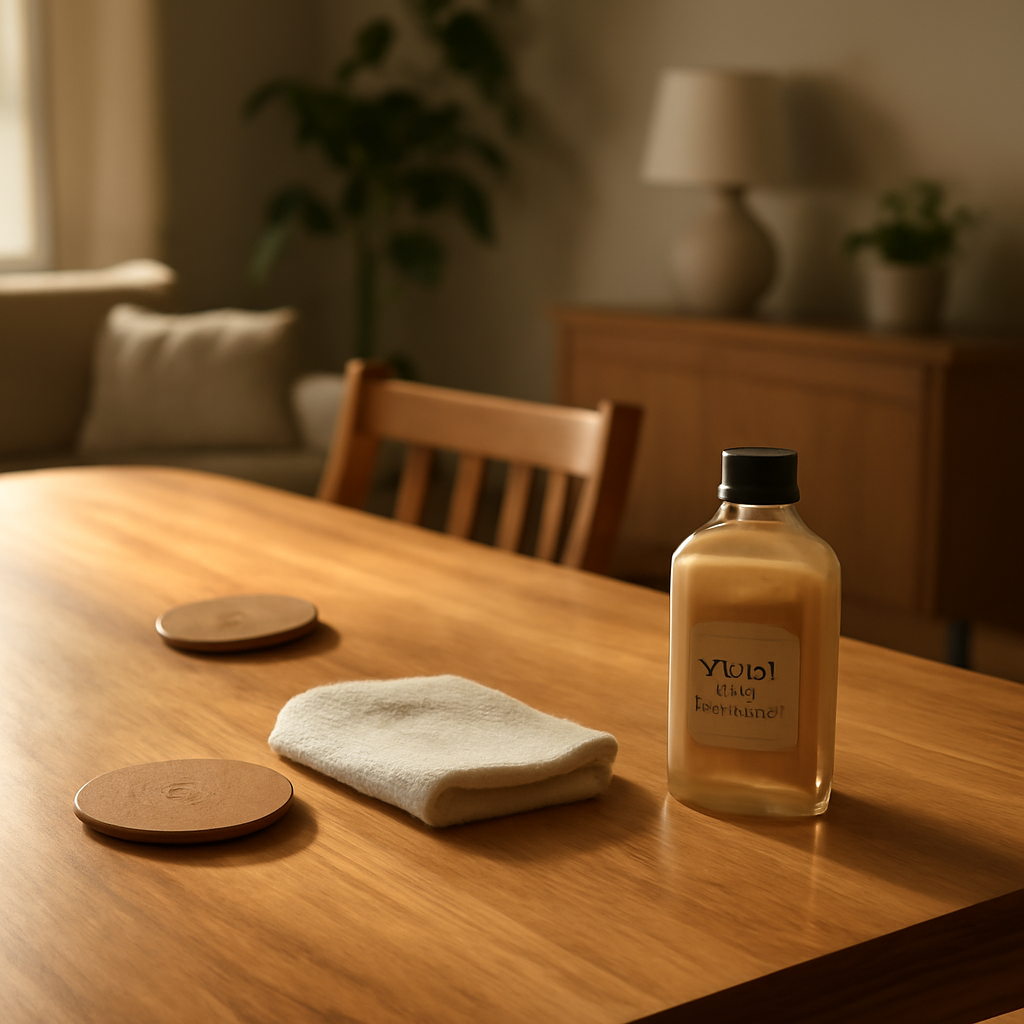 A sunlit living room showcasing a polished oak dining table with coasters, a soft cloth, and a small bottle of natural oil conditioner on the side. Alt: Quality Wooden Furniture care and maintenance in a stylish home.