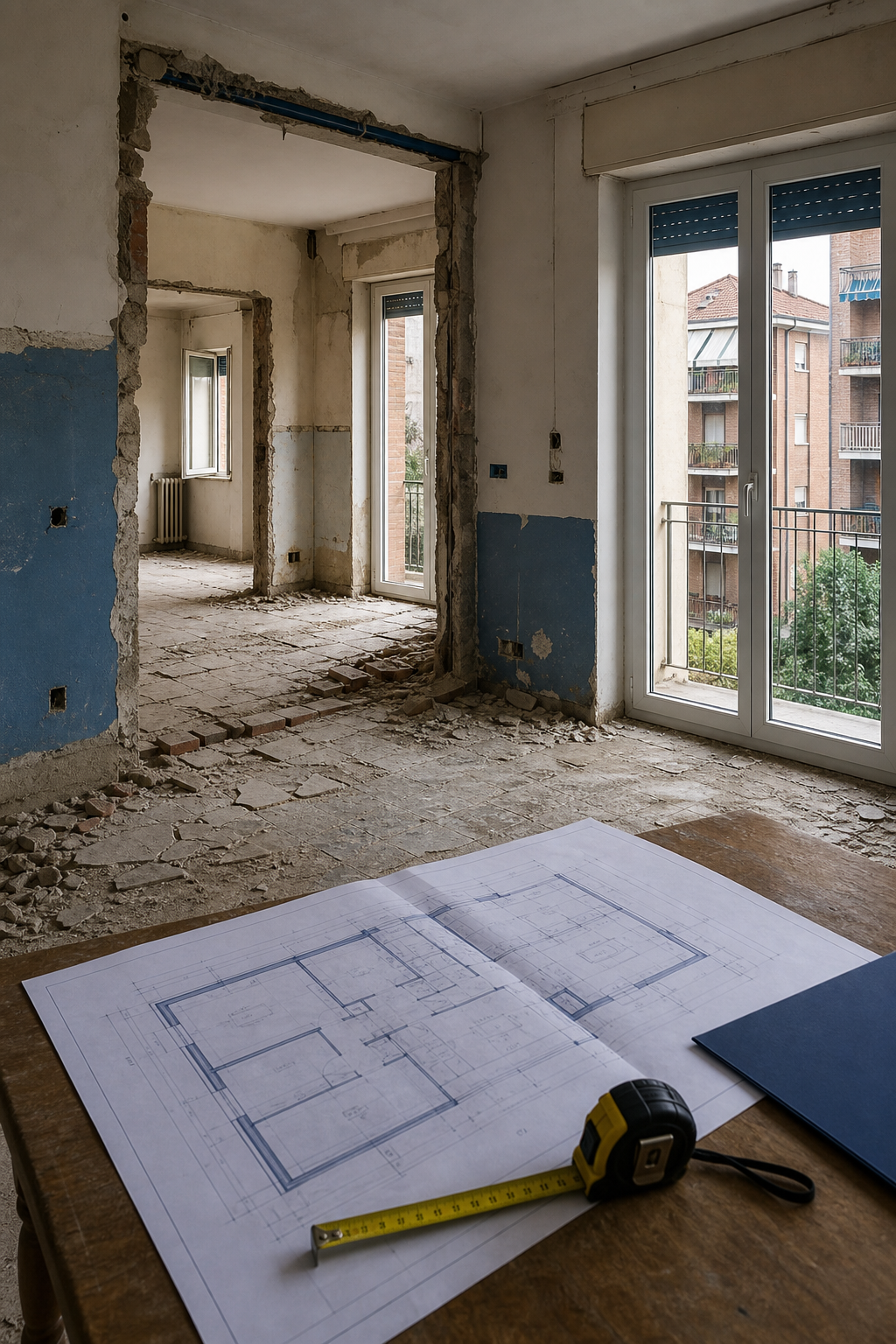 Una foto realistica di un tecnico che consulta una planimetria edilizia su un tavolo, con sfondo di un cantiere di ristrutturazione. Alt: geometra che controlla progetto di ristrutturazione Alessandria