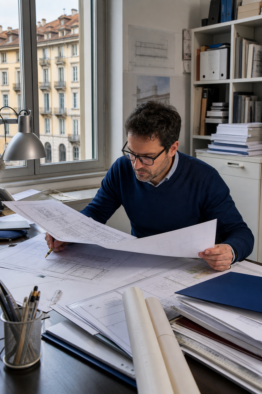 Una foto realistica di un catasto con planimetrie e documenti tecnici su una scrivania, con un tecnico che li esamina. Alt: documenti catastali Alessandria Studio Ballotrini