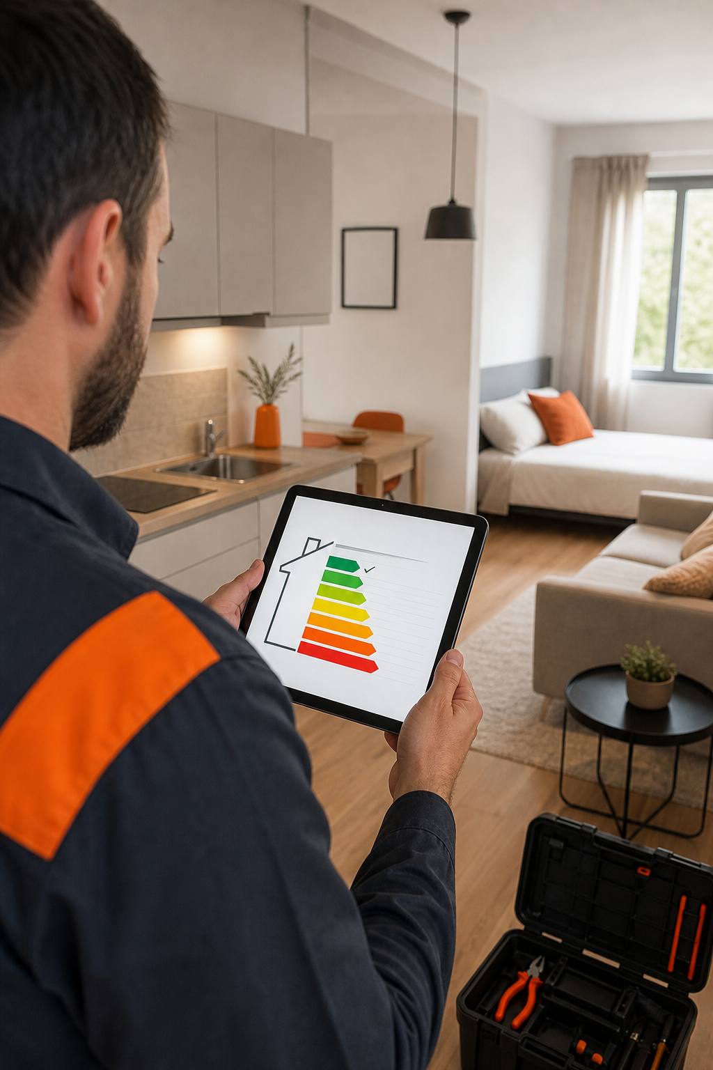 photorealistic view of a compact city apartment interior with a technician holding a tablet, showing an energy performance certificate on the screen. Alt: certificazione energetica per monolocali e bilocali