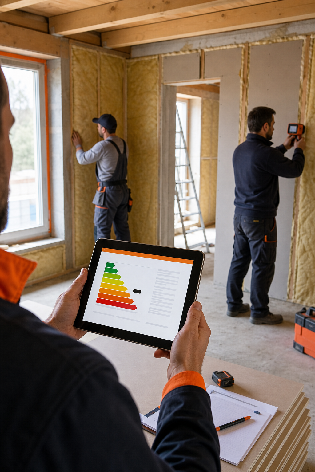 photorealistic scene of a construction site with workers installing insulation, a tablet showing an energy performance report, and a technician taking measurements. Alt: certificazione energetica dopo ristrutturazione