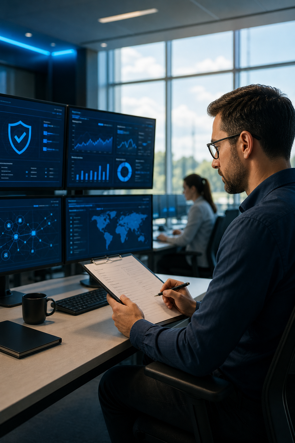 Cinematic scene of a modern healthcare IT operations center with blue-accented monitors showing security dashboards, a professional technician reviewing compliance reports, natural lighting from large windows, brand color #00AAFF used as subtle UI accent throughout. Alt: Advatek HIPAA compliance IT provider managing healthcare cybersecurity.