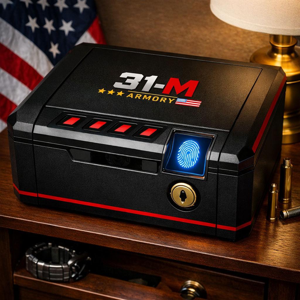 A photorealistic close‑up of a sleek biometric gun safe with a glowing fingerprint scanner on a wooden nightstand. Alt: quick access gun safe nightstand view