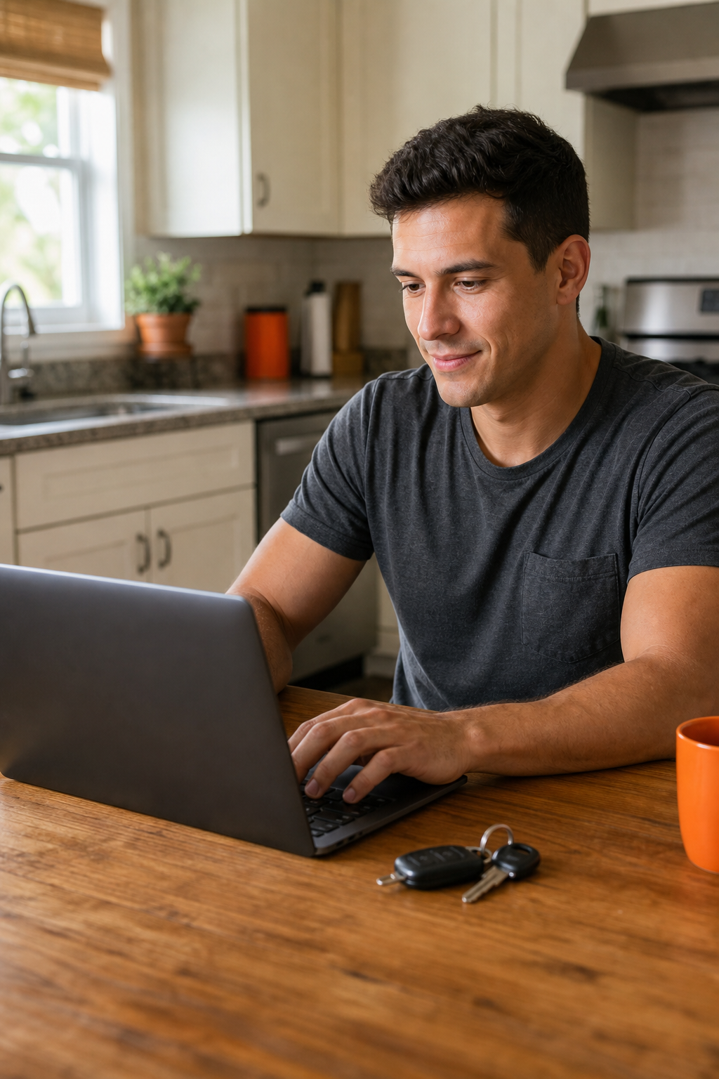 A photorealistic scene of a person sitting at a kitchen table, confidently completing an online loan application on a laptop, car keys resting beside the keyboard, warm natural light filling the room. Alt: person applying for a quick title loan online with car keys on the table.