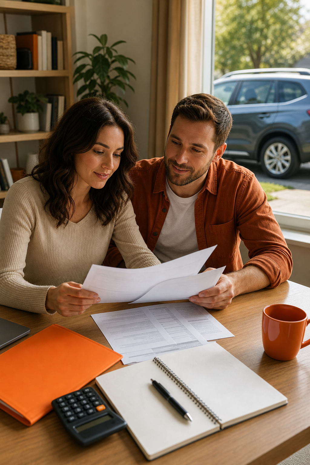 A photorealistic scene of a couple reviewing loan documents together at a home office desk, a car visible through the window in the driveway, warm afternoon light, relaxed and confident expressions. Alt: couple reviewing installment loan documents secured by their vehicle.