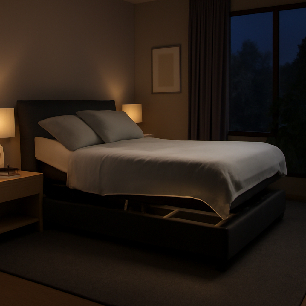 A modern Australian bedroom at night, showing an adjustable bed with a subtle soft glow, highlighting the quiet motor mechanism under the mattress. Alt: quiet adjustable bed motor australia