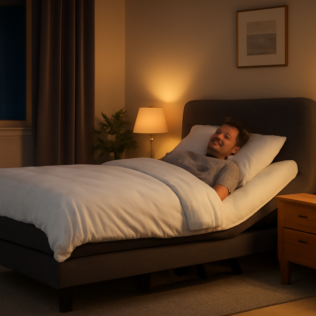 A modern Australian bedroom at night, showing an adjustable bed with a visible motor housing, a decibel meter on a bedside table, soft ambient lighting, and a calm sleeper. Alt: quiet adjustable bed motor australia