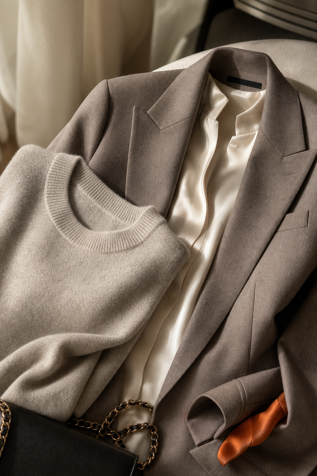 A photorealistic close‑up of a cashmere sweater, silk blouse and tailored blazer displayed on a soft, neutral background, showcasing texture and muted colours. Alt: quiet luxury style fabrics and silhouettes