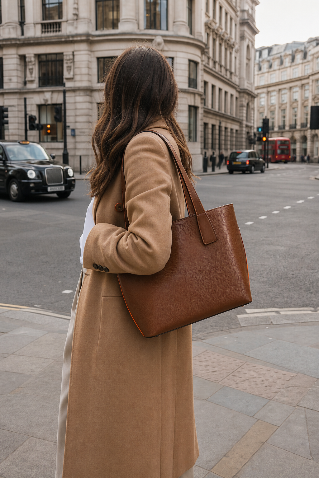 A lifestyle photograph of a woman in a minimalist white shirt, camel coat and leather tote, set against a soft, urban backdrop, illustrating how pre‑owned designer pieces create a quiet luxury look. Alt: quiet luxury wardrobe with pre‑owned designer items