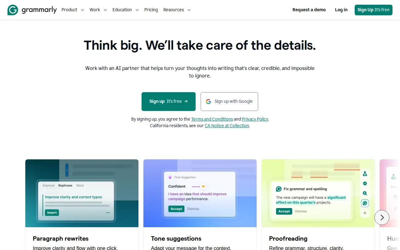 Screenshot of the Grammarly website