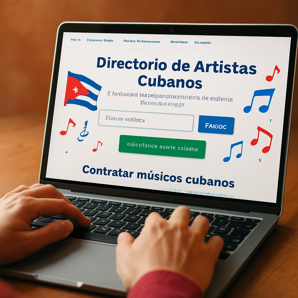 A vibrant scene of a user browsing a music directory on a laptop, with Cuban flags and musical notes. Alt: Plataforma de registro y búsqueda de artistas de son cubano