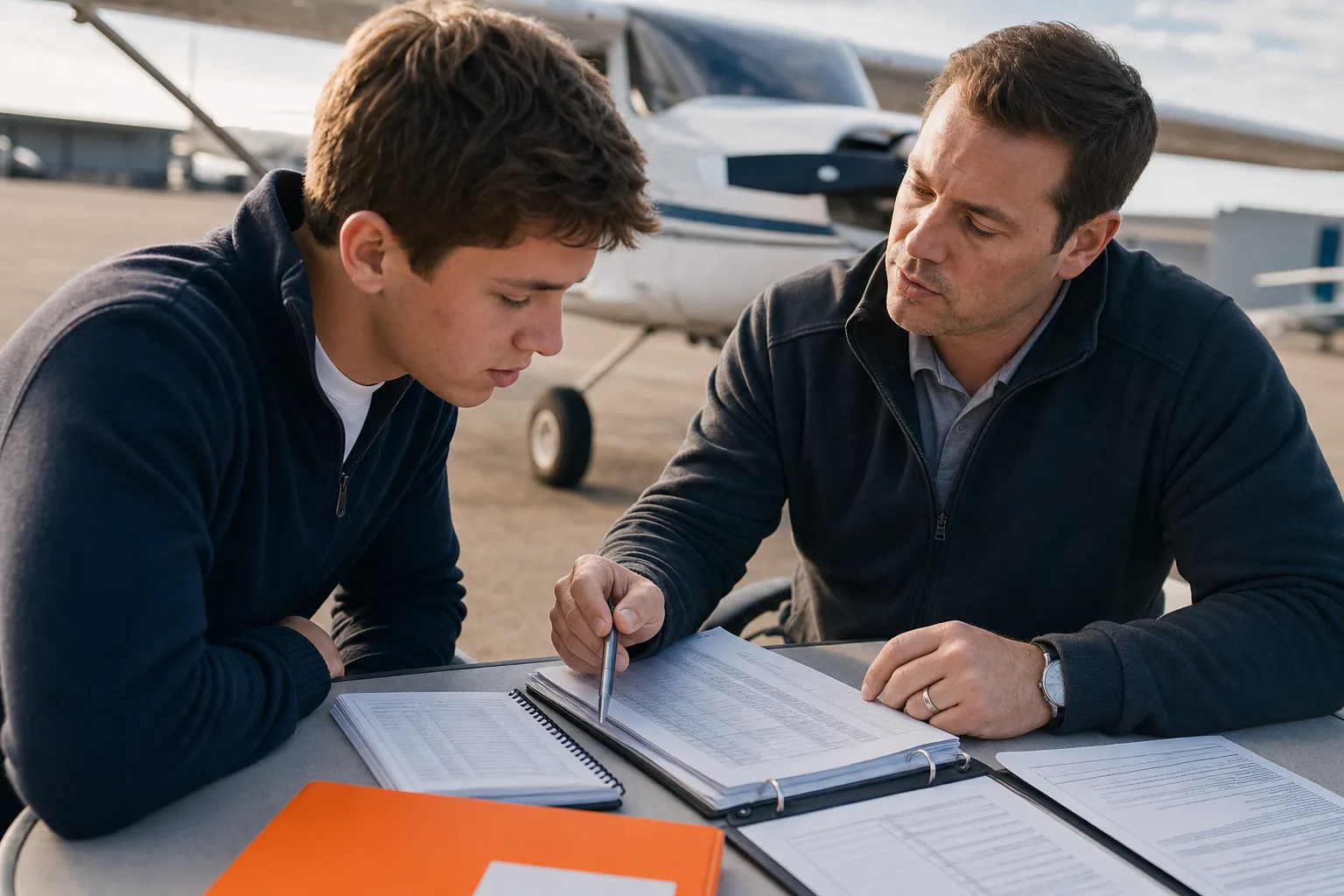 Pilot reviewing R-ATP pathway eligibility, degree records, and flight hours with an instructor.