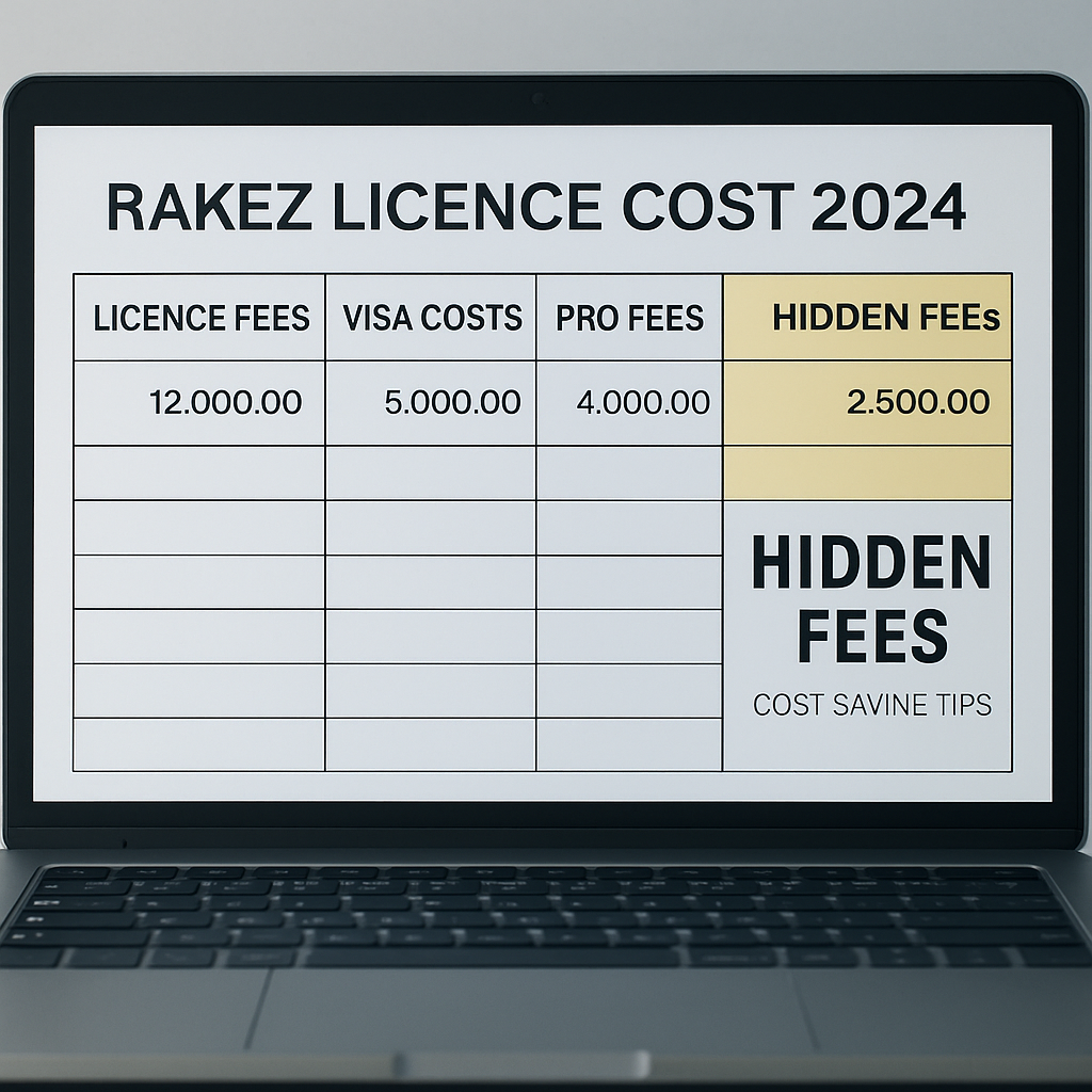 A clean spreadsheet on a laptop screen showing licence fees, visa costs, PRO fees, and a highlighted “hidden fees” column. Alt: rakez licence cost 2024 hidden fees cost‑saving tips visual guide