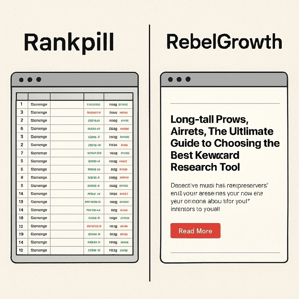 A split-screen illustration comparing Rankpill's dashboard with rebelgrowth's automated content engine, showing a cluttered spreadsheet on one side and a sleek AI-generated article preview on the other. Alt: Rankpill vs Rebelgrowth features comparison chart