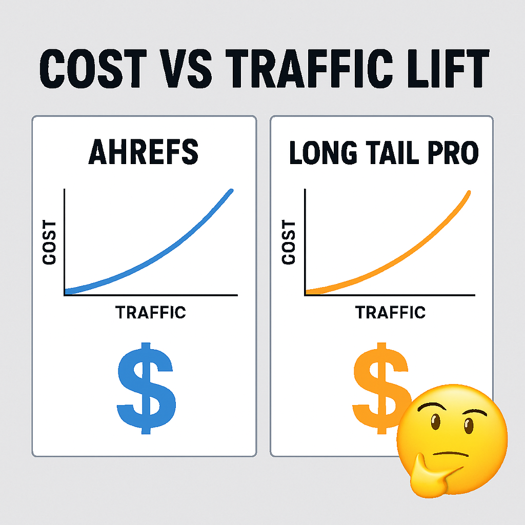 A clean, modern dashboard showing side‑by‑side cost vs traffic lift charts for two SEO platforms. Alt: Cost‑benefit analysis of SEO tools with graphs and dollar signs.