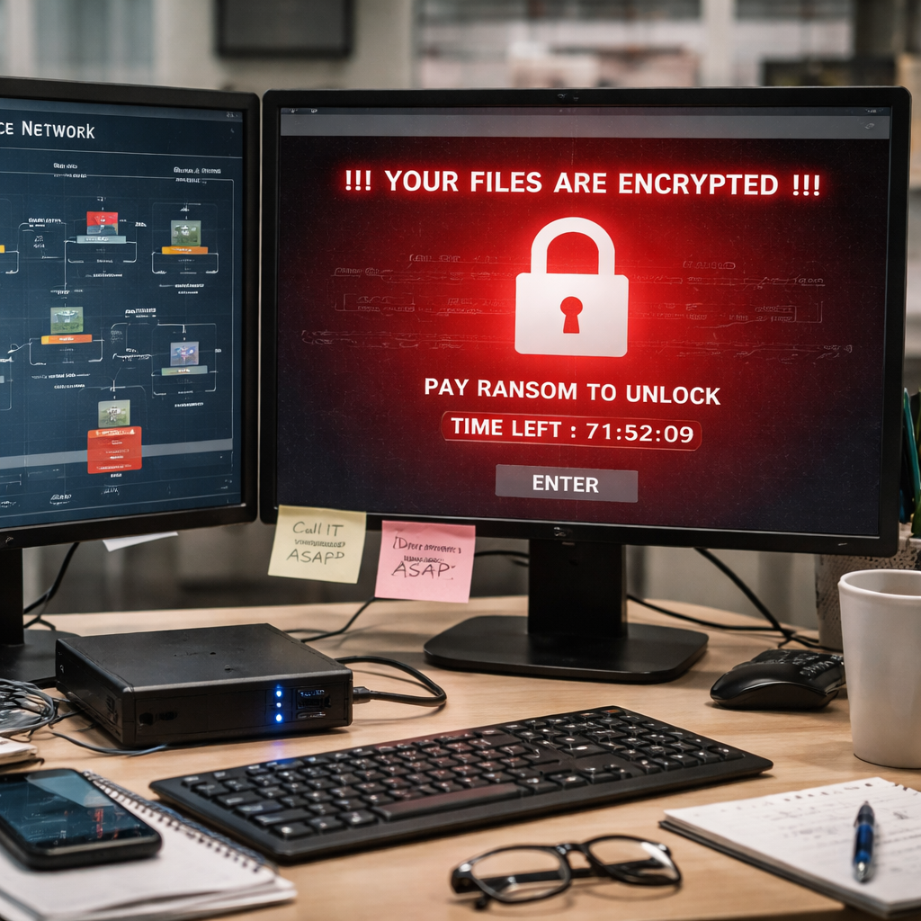 A photorealistic scene of a small office workstation with a warning lock screen overlay, a backup drive visible on a desk, and a network diagram on a monitor showing segmented zones. Alt: Ransomware threat visualization for small business.