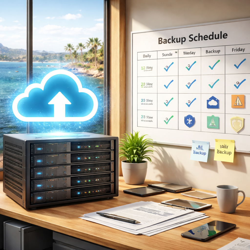 A photorealistic office scene in Monterey Bay showing a small business server rack, a cloud icon above it, and a calendar marking daily and weekly backup tasks. Alt: Ransomware protection backup and disaster recovery plan for small business.