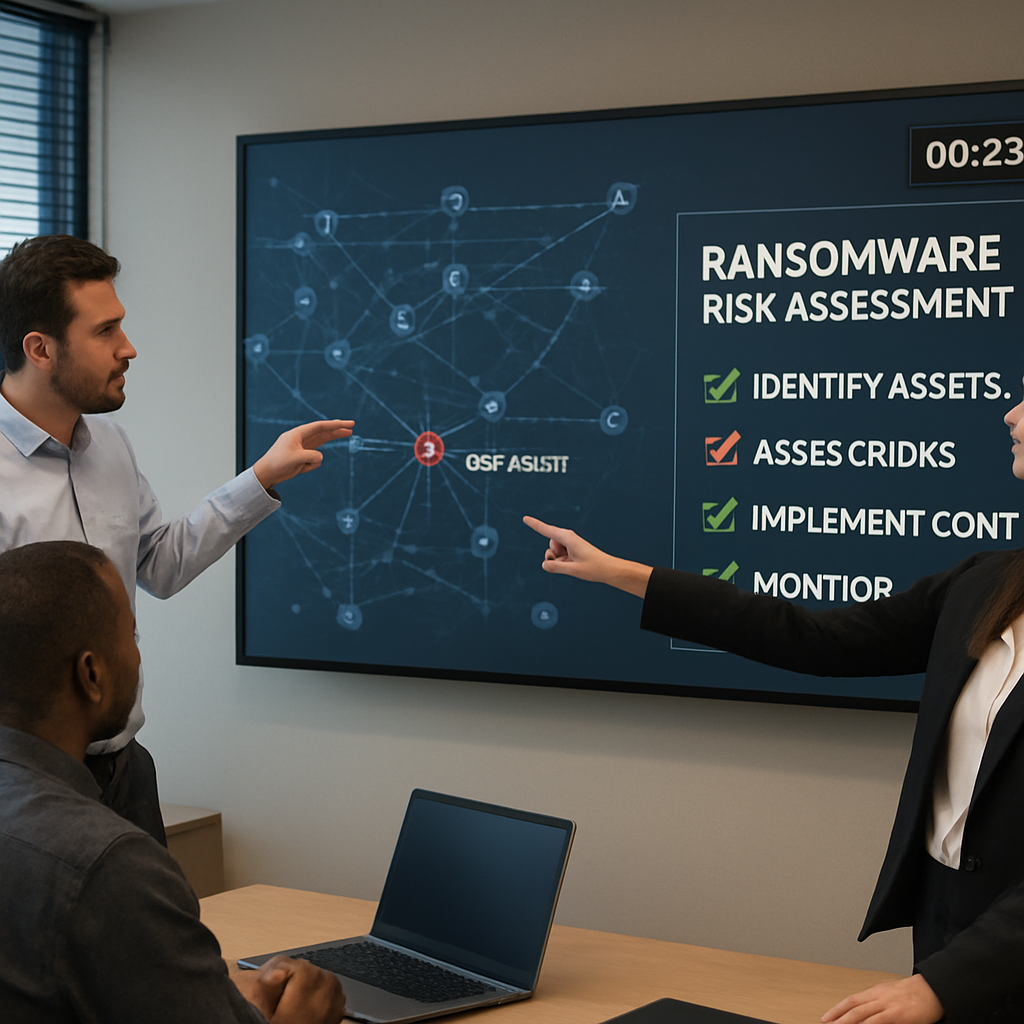 A photorealistic office environment with a team gathered around a large screen displaying a detailed network map and a risk assessment checklist. The scene shows diverse professionals pointing at the screen, highlighting key assets, while a digital clock counts down the assessment timeline. The image conveys a collaborative, proactive stance toward ransomware protection. Alt: team conducting ransomware risk assessment in office.