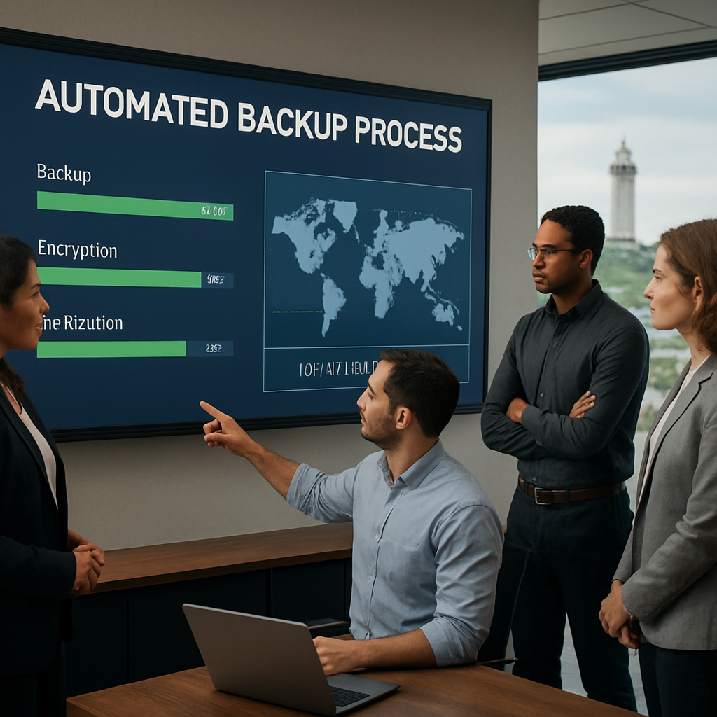 A photorealistic scene of a business IT team in a modern office, standing around a large screen that displays a backup process dashboard with real‑time status bars and a world map showing off‑site data centers. The setting is an office in Monterey, California, with a subtle lighthouse in the background to evoke coastal resilience. Alt: IT team monitoring automated backup and disaster recovery in a Monterey office.